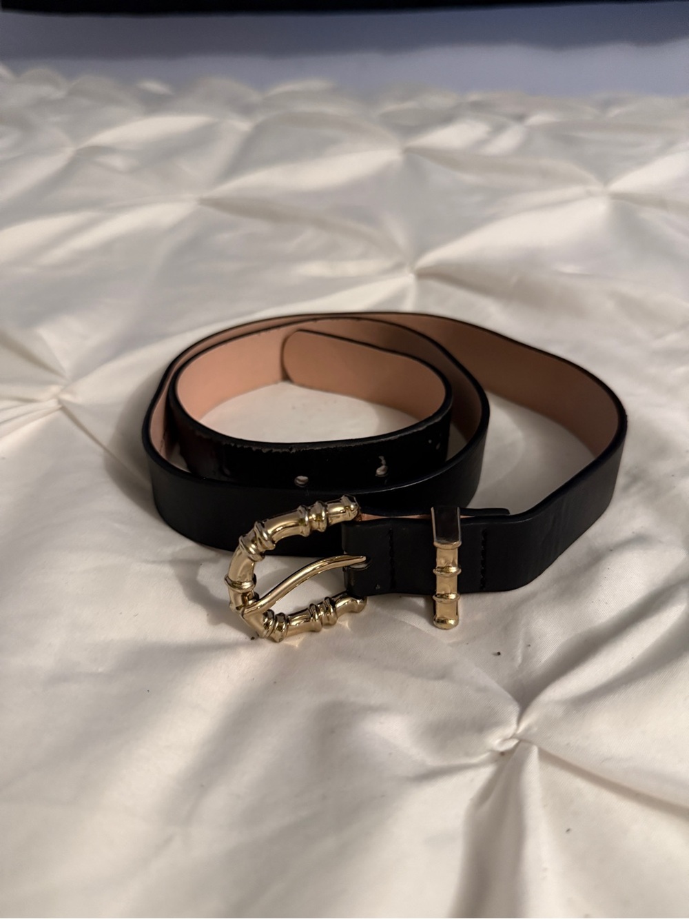 H&M Black Leather Belt with Gold Bamboo-Style Buckle